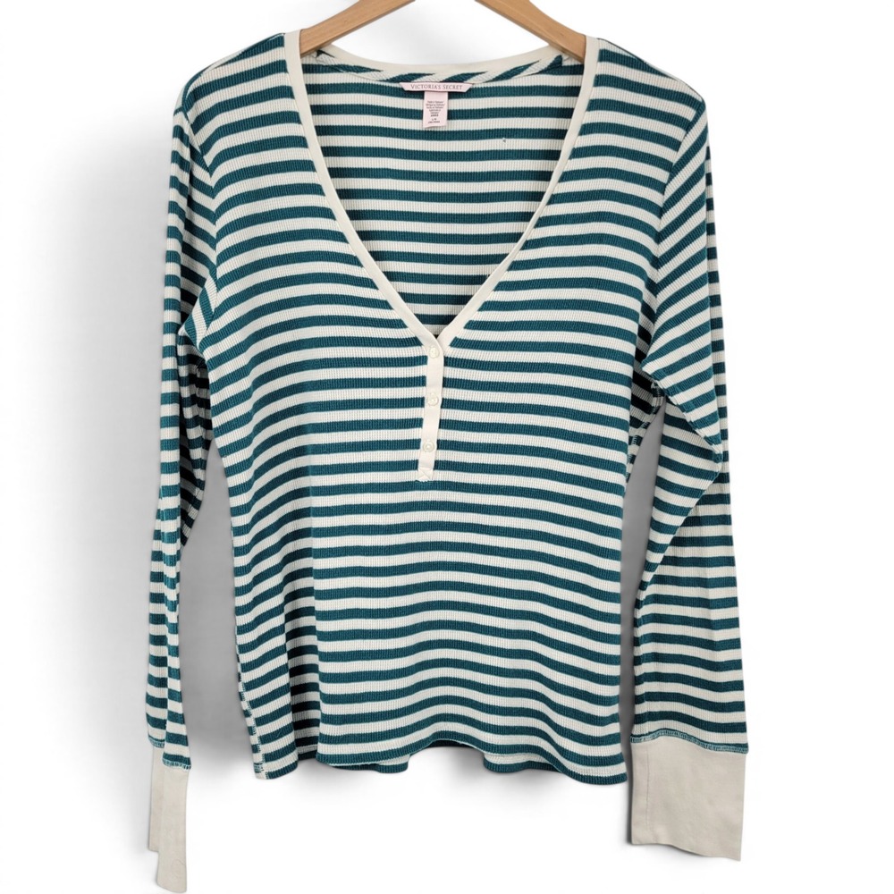 Vintage Victoria's Secret Henley Top Women Large Green White Striped Waffle Knit